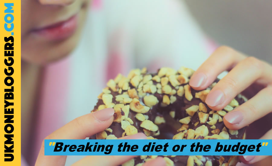 woman eating a doughnut - a humerous look at the similarities between breaking your diet and breaking you budget